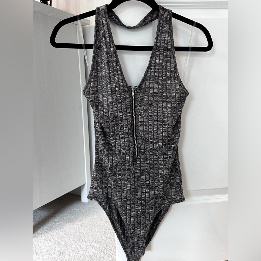NEW Charlotte Russe Gray front zipper halter bodysuit